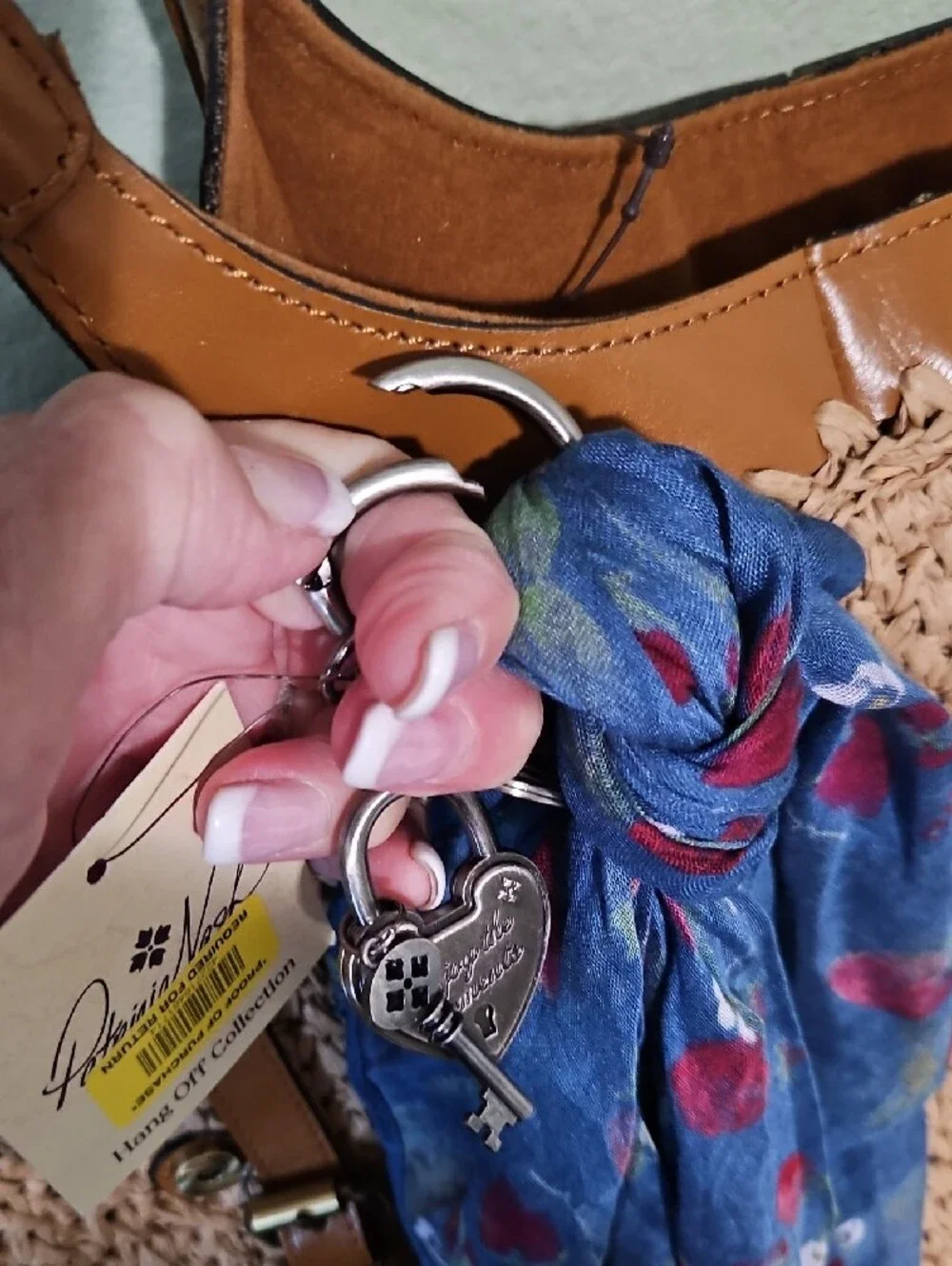 Patricia Nash Blue Strawberry Scarf Keyring with Heart And Key Accents